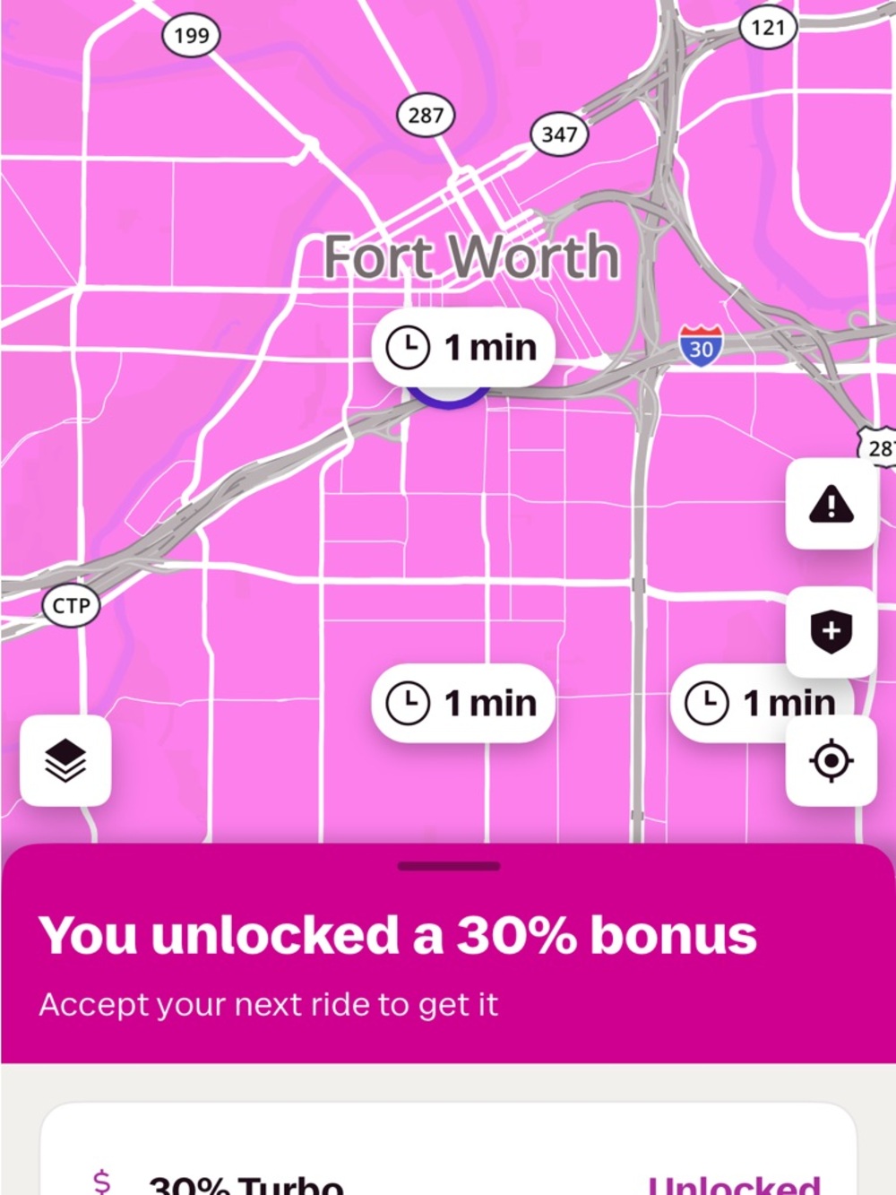 Rideshare App Screenshot - Hot Pink Map Bonus Banner